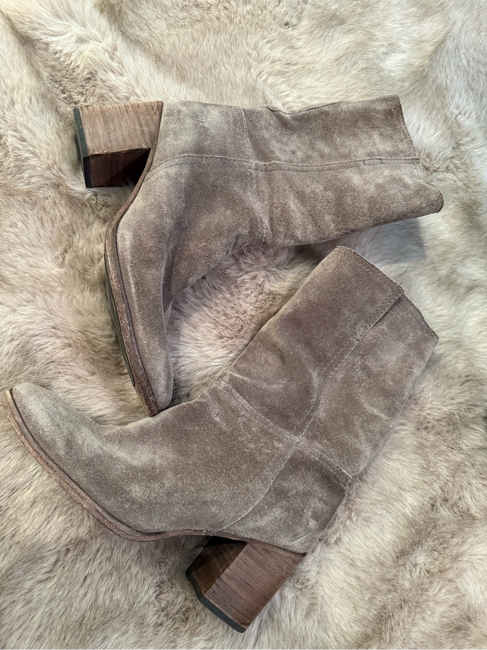 Frye Gray Suede Mid-Calf Block Heel Boots
